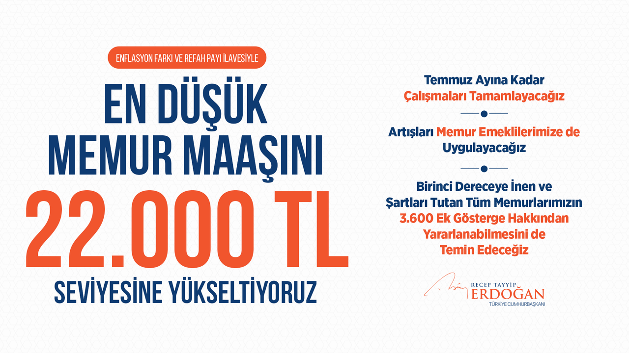 Erdoğan, En düşük memur maaşını 22.000 TL seviyesine yükseltiyoruz.