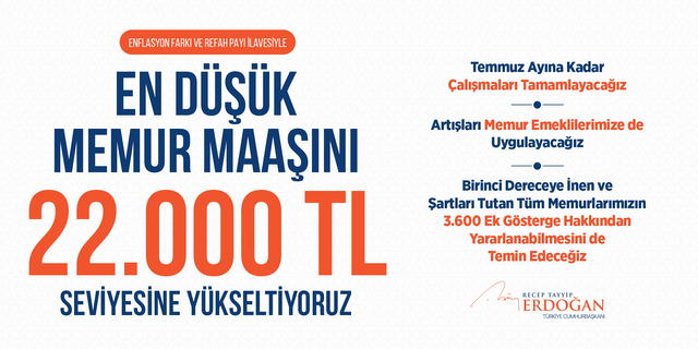 Erdoğan, En düşük memur maaşını 22.000 TL seviyesine yükseltiyoruz.