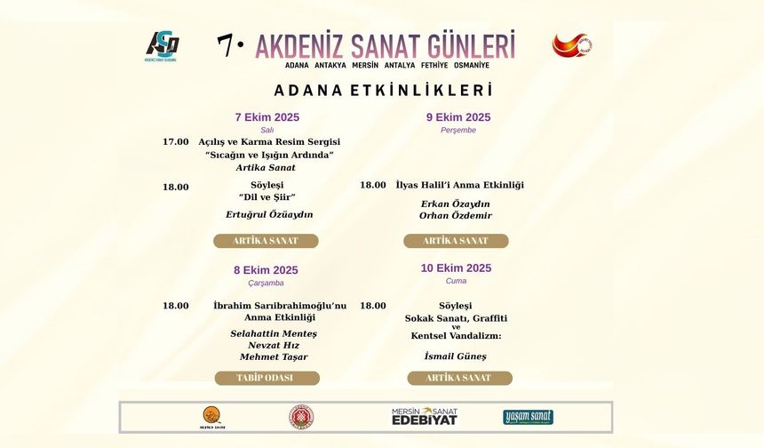 Akdeniz Sanat Günleri’nin 7’ncisi Başlıyor: Adana 7-10 Ekim’de Sanatla Buluşacak