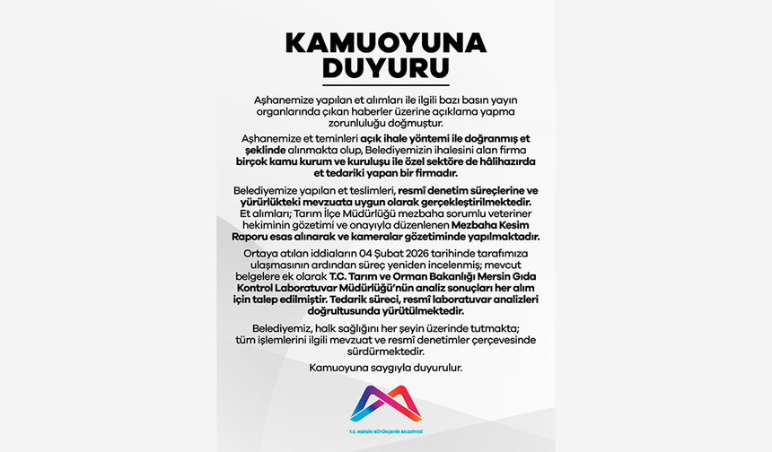 Mersin Büyükşehir Belediyesi’nden aşhane et alımlarıyla ilgili açıklama