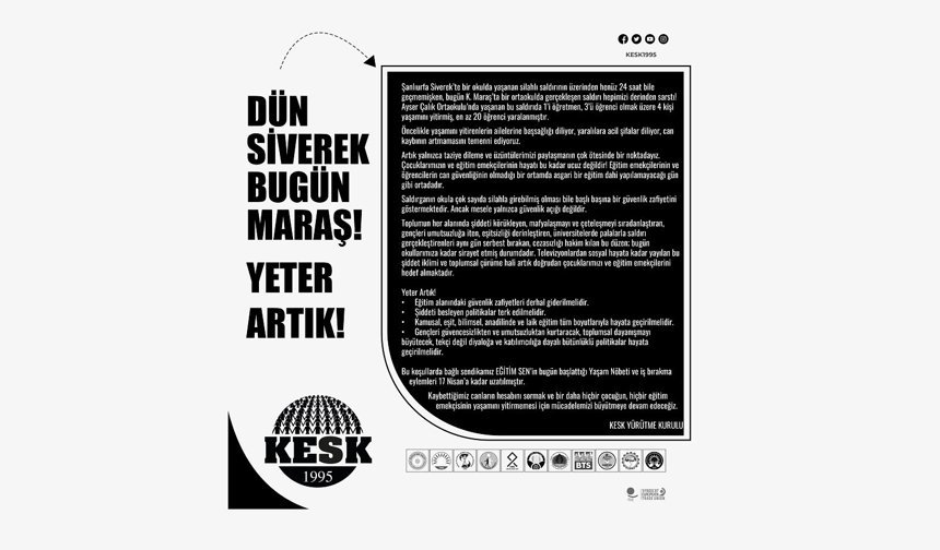 KESK Yürütme Kurulu: “Dün Siverek, Bugün Kahramanmaraş! Yeter Artık!”