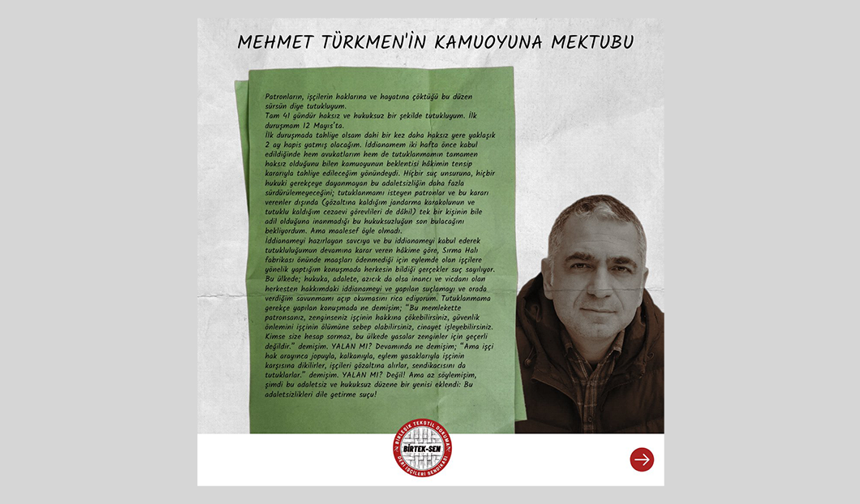Tutuklu Sendika Başkanı Mehmet Türkmen’den Mektup: “İşçinin Hakkını Savunduğum İçin Buradayım”