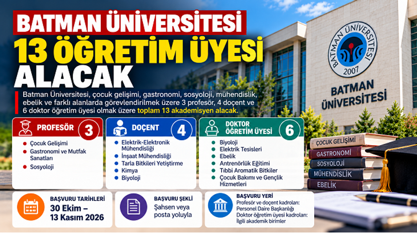 Batman Üniversitesi 13 Öğretim Üyesi Alacak: Başvurular 13 Kasım'da Sona Ereceke