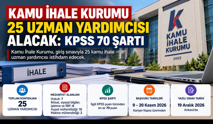 Kamu İhale Kurumu 25 Uzman Yardımcısı Alacak: KPSS 70 Şartı, Başvurular 9 Kasım'da Başlıyor